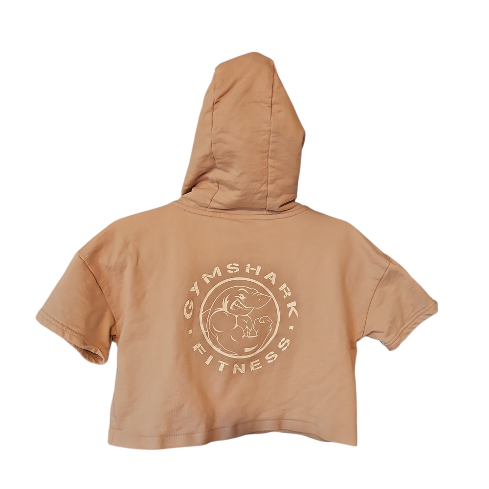 Gymshark Cropped Hoodie Short Sleeve Tan Logo Back Athleisure Streetwear S - Picture 3 of 5